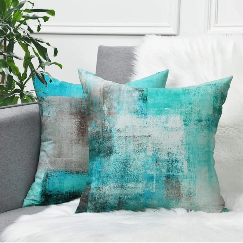 Luxury Home | Modern Aqua Teal & Grey Abstract Oil Painting Throw Pillow Covers